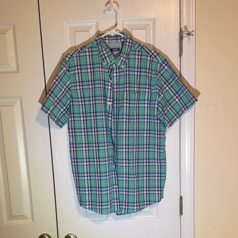 Izod Men's Green and Blue Plaid Casual Shirt